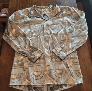 Pronti Mens Geometric Polo Shirt Beige Tan Gray Retro Pattern Large